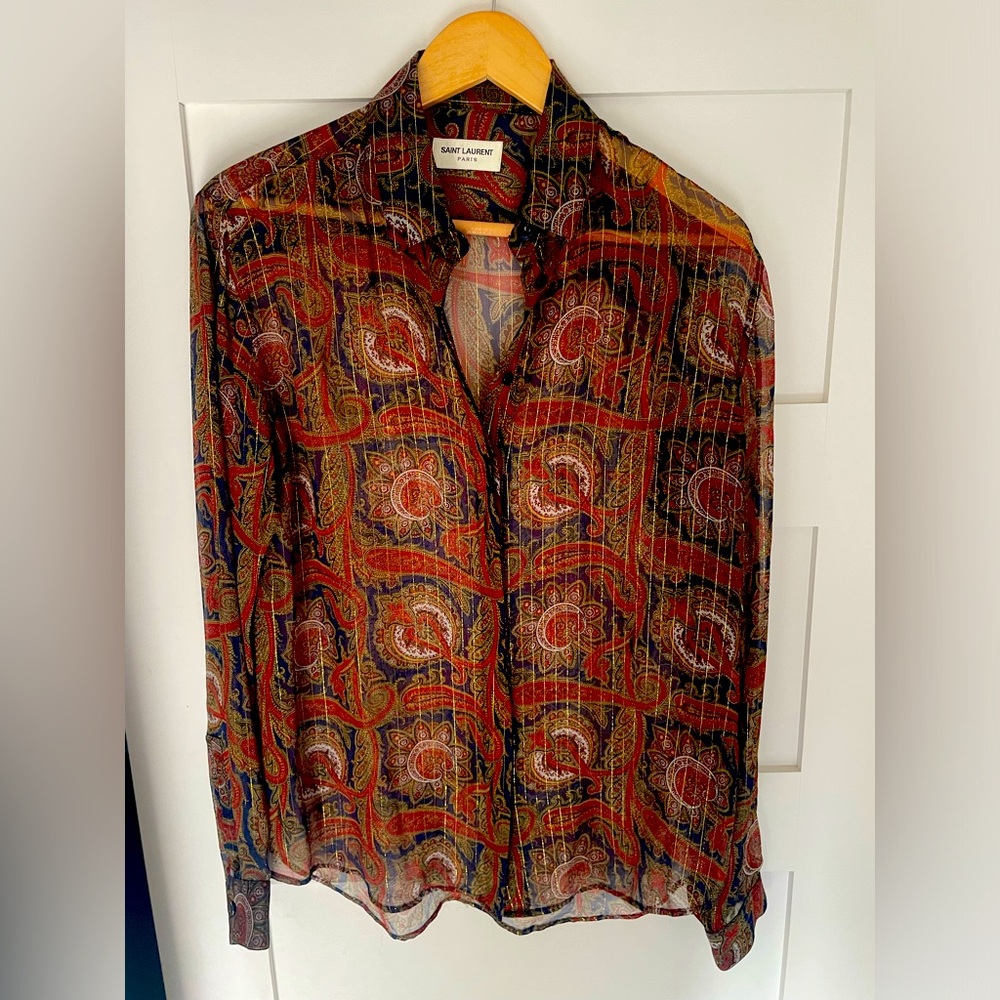 Saint Laurent Paisley Sheer Button-Up Shirt with gold thread